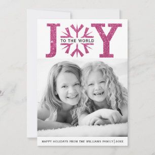 Joy to the world fuchsia pink snowflake Christmas Holiday Card