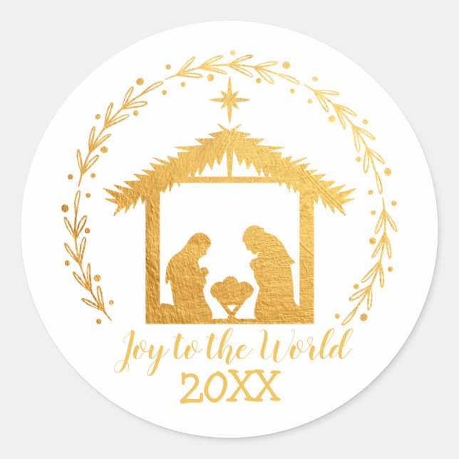 Joy to the World Gold Nativity Classic Round Stick Sticker (Front)