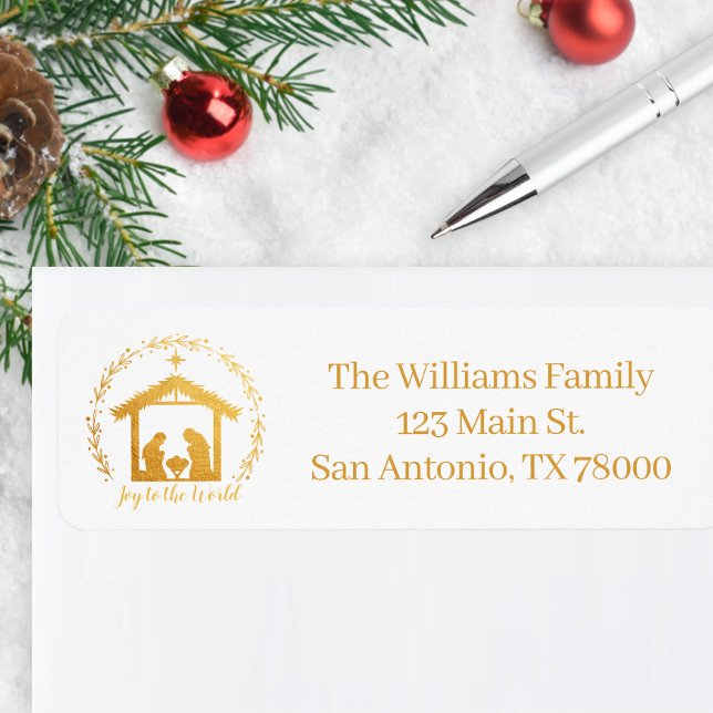 Joy to the World Gold Nativity Return Address (Gold Nativity Return Address Sticker)