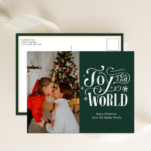 Joy to the World Green Calligraphy Photo Modern Holiday Postcard