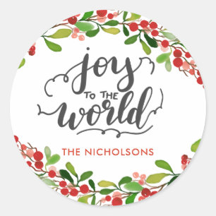 Joy To The World Handwritten Holiday Wreath Classic Round Sticker