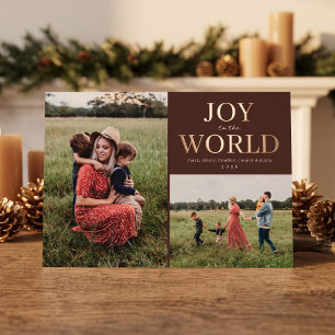 Joy to the World Holiday Photo Collage Foil Brown