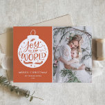 Joy To The World Lettering Orange Christmas Photo Holiday Card<br><div class="desc">Whimsical and rustic Christmas photo flat card for your family and friends. It features a rustic holiday ornament, "Joy to the World" modern calligraphy quote with snow accents and an orange background. Personalize by adding a photo, name, year and other details. This hand-lettered Christmas flat card is available in other...</div>