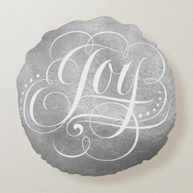 Joy to the World Luxury Silver Christmas Script Round Cushion (Back)