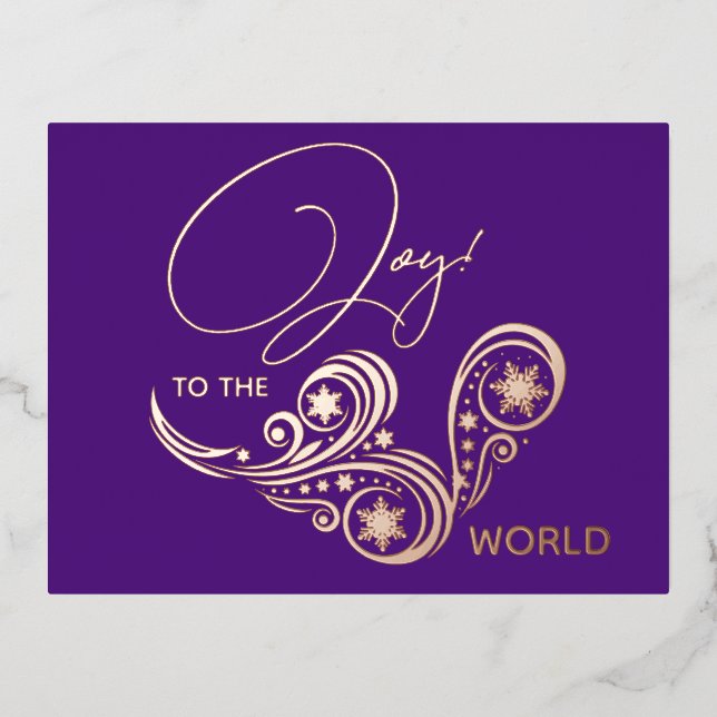 Joy to the World Modern Calligraphy  Foil Holiday Postcard (Front)