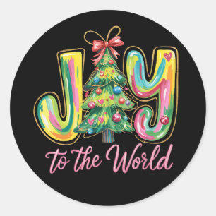 Joy To The World Neon Christmas Tree Brushstroke Classic Round Sticker