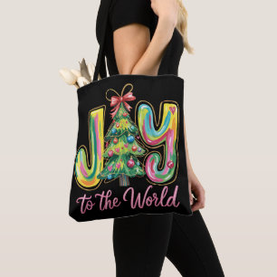 Joy To The World Neon Christmas Tree Brushstroke Tote Bag