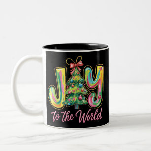 Joy To The World Neon Christmas Tree Brushstroke Two-Tone Coffee Mug