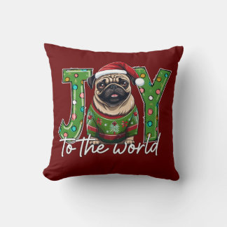 Joy To The World Pug Christmas Santa Cushion