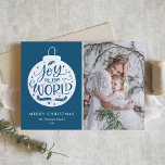 Joy To The World Quote Blue Photo Merry Christmas Holiday Card<br><div class="desc">Whimsical and rustic Christmas photo card for your family and friends. It features a rustic holiday ornament,  "Joy to the World" modern calligraphy quote with snow accents and blue background. Personalise by adding a photo,  name,  year and other details. This hand-lettered Christmas card is available in other cardstock.</div>
