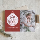 Joy To The World Quote Red Photo Merry Christmas Holiday Card<br><div class="desc">Whimsical and rustic Christmas photo card for your family and friends. It features a rustic holiday ornament,  "Joy to the World" modern calligraphy quote with snow accents and red background. Personalise by adding a photo,  name,  year and other details. This hand-lettered Christmas card is available in other cardstock.</div>