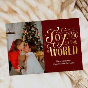 Joy to the World Red Gold Calligraphy Photo Modern