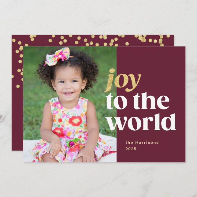 Joy to the World Red & Gold Holiday Photo Card (Front/Back)