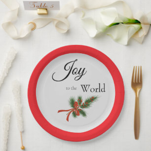 Joy to the World Religious Red Holly Christmas Paper Plate