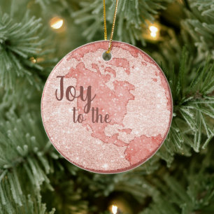 Joy To The World Rose Gold Glitter Pink Christmas Ceramic Tree Decoration