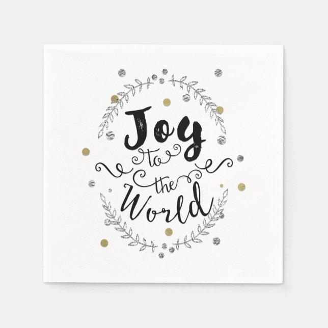 Joy to the World Rustic Silver Gold Holiday Party Napkin (Front)