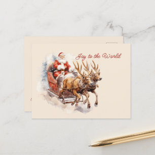 Joy to the World Santa Sleigh Reindeer Rushing Postcard