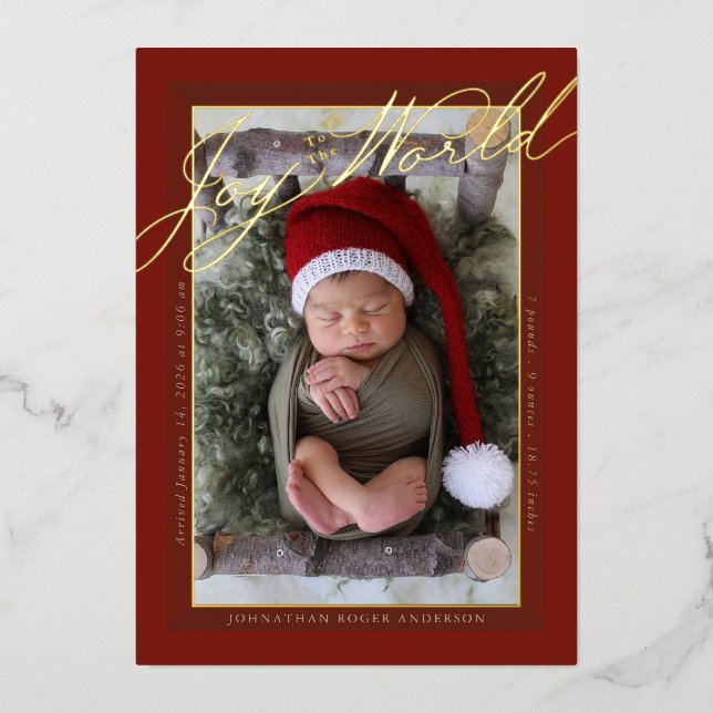 Joy to the World Script Foil Birth Announcement (Front)