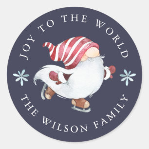 Joy to the World Skating Nisse Gnome Classic Round Sticker