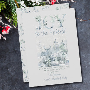 Joy to the World Snowy Forest Ornate Typography Holiday Card