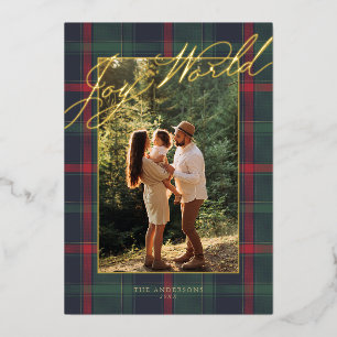 Joy to the World Tartan Plaid Foil Christmas Card