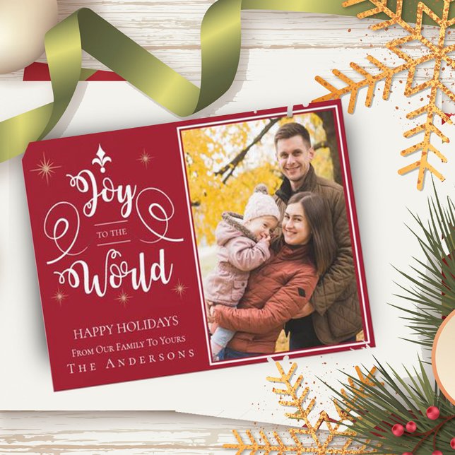 Joy To The World Typography Red Family Photo Holiday Card (Creator Uploaded)