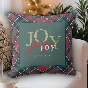 Joy to the World Typography Rustic Plaid Cushion