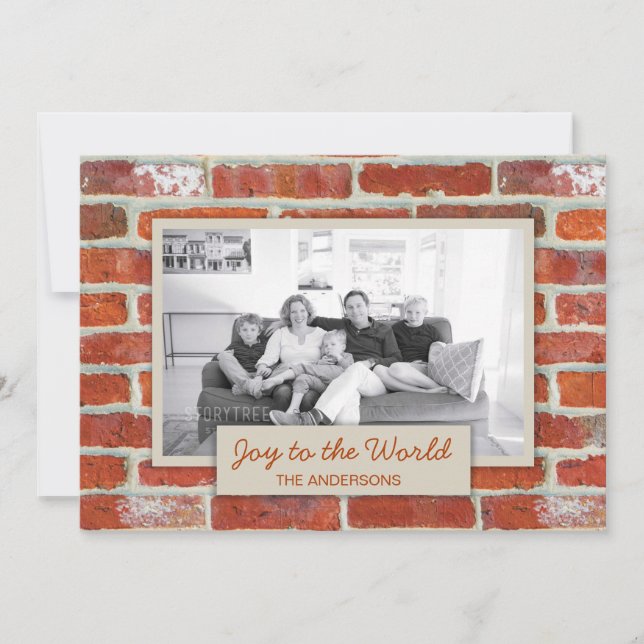Joy to the World Urban Red Brick Wall Photo Holiday Card (Front)