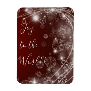 Joy to the World with White Snowflakes on Red Magnet