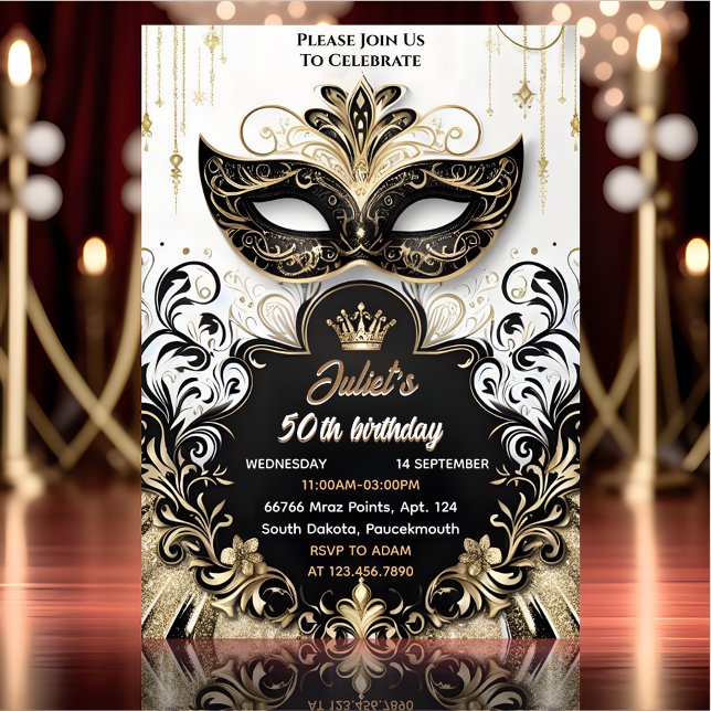 Joy Tutu Black Gold Chic Masquerade 50th Birthday Invitation (Creator Uploaded)
