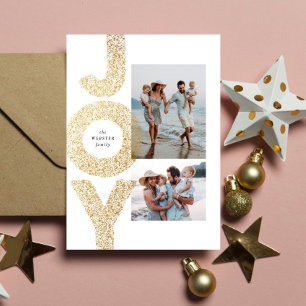 Joy two photo Christmas faux gold speckle modern Holiday Card