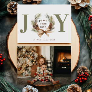 Joy Typographic Pine Cone Wreath Photo Holiday Card