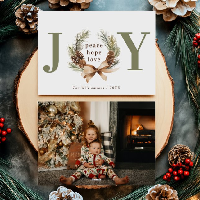 Joy Typographic Pine Cone Wreath Photo Holiday Card (Creator Uploaded)