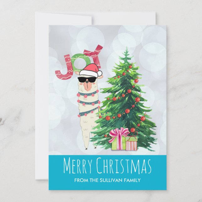 Joy Typography | Christmas Llama behind a Tree Holiday Card (Front)