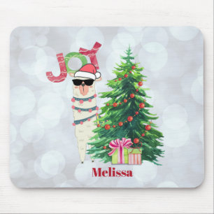 Joy Typography   Christmas Llama behind a Tree Mouse Pad
