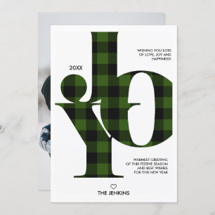 Joy Typography Green Buffalo Plaid Photo Holiday Invitation