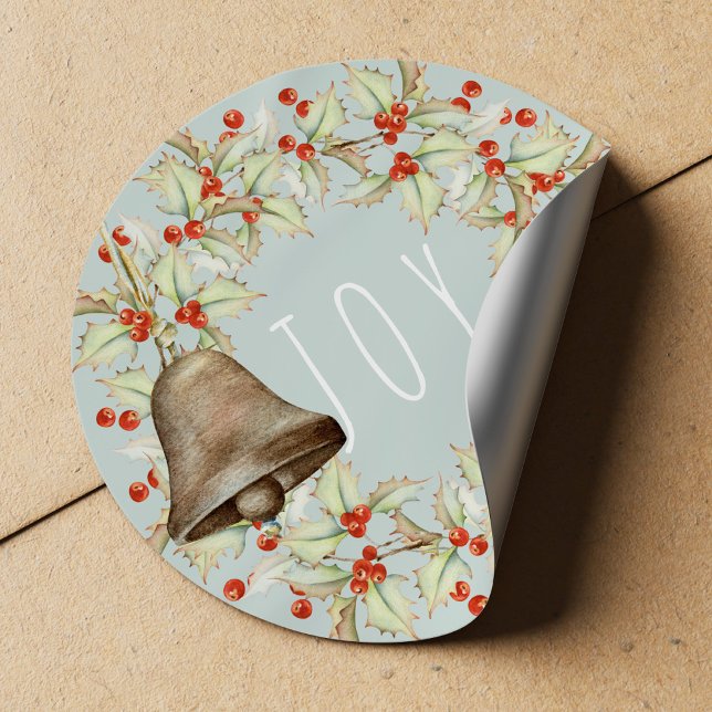 JOY Typography Holly Berries Wreath Blue Christmas Classic Round Sticker (Creator Uploaded)