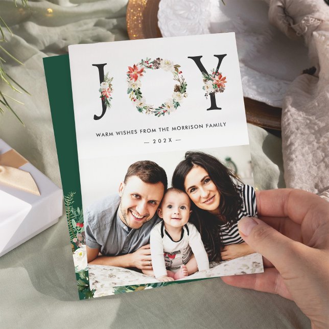 JOY Typography Poinsettia Floral Christmas Photo Holiday Card (Creator Uploaded)