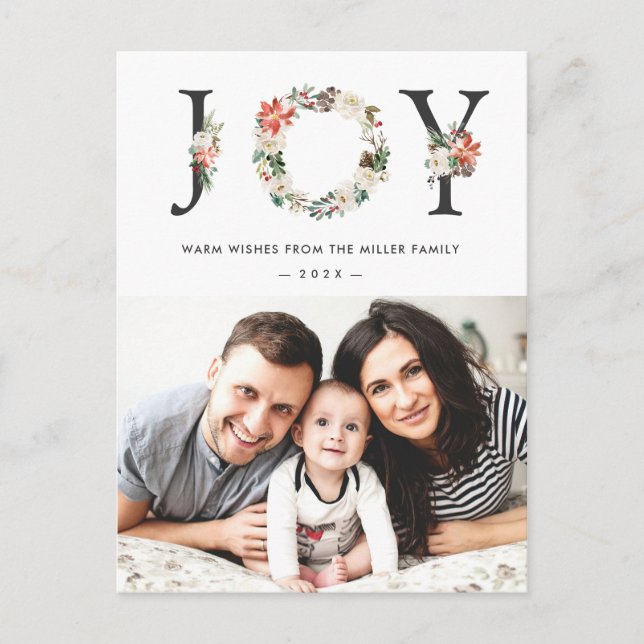 JOY Typography Poinsettia Floral Christmas Photo Postcard (Front)