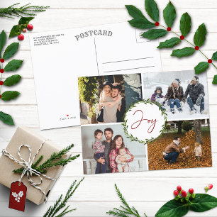 Joy Typography Script Wreath 4 Photo Christmas Holiday Postcard