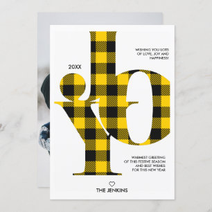 Joy Typography Yellow Buffalo Plaid Photo Holiday Invitation