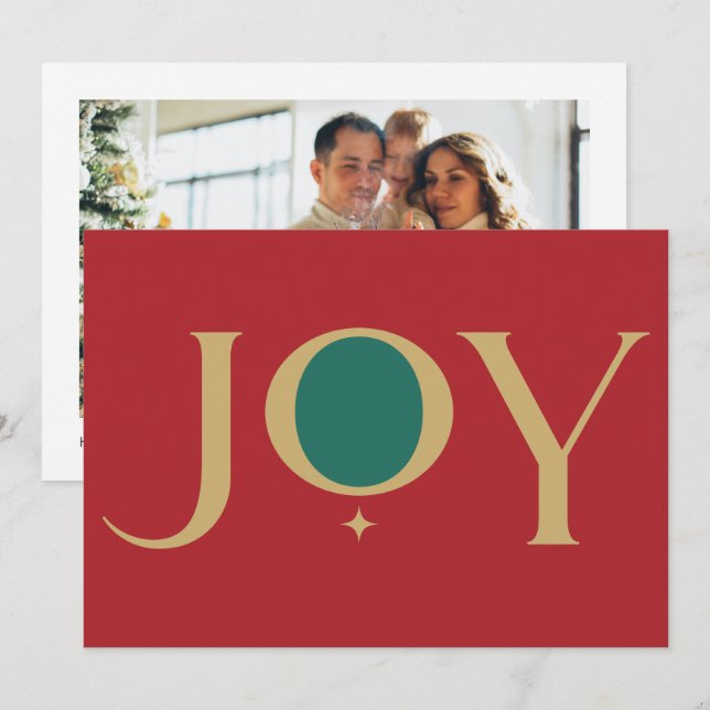 Joy Unique Typography Red Green Family Photo Holiday Card (Front/Back)