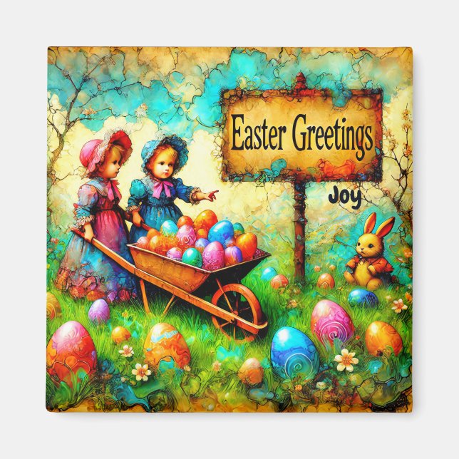 JOY ~ VINTAGE EASTER Girls ~ Easter Eggs Bunny ~ Magnet (Front)