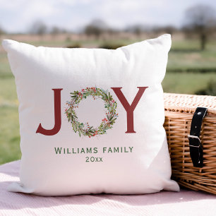 Joy Watercolor Christmas Wreath Family Name  Cushion
