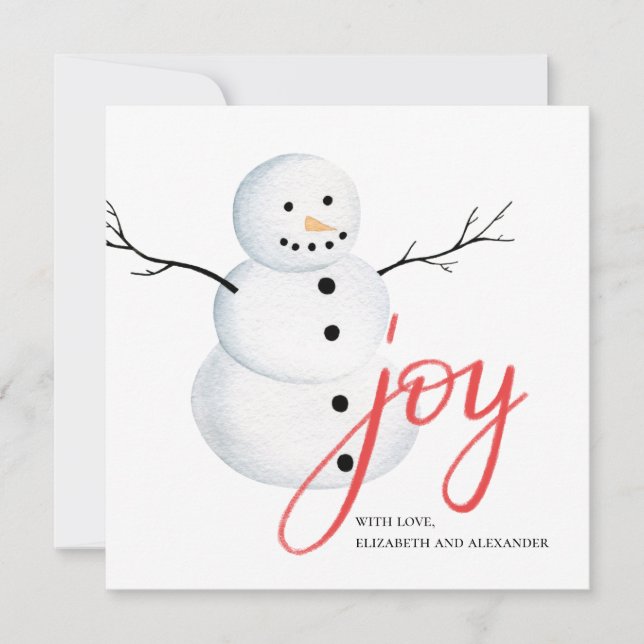Joy. Watercolor cute Christmas snowman. Red white Holiday Card (Front)