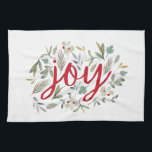 Joy Watercolor Floral Red Script   Tea Towel<br><div class="desc">Christmas watercolor floral typography design</div>