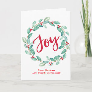 Joy watercolor holly wreath Christmas Card