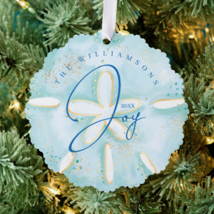 Joy Watercolor Ocean Sand Dollar Seashell Photo Tree Decoration Card
