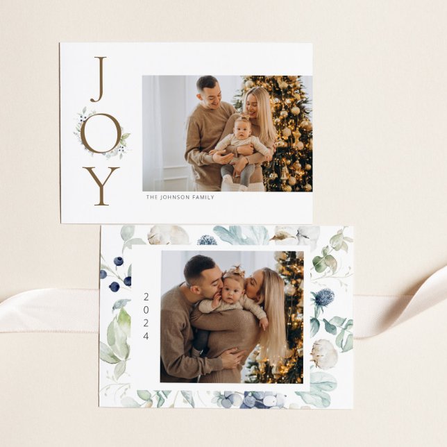 Joy Watercolor Winter Florals 2 Photos Holiday Card (Creator Uploaded)