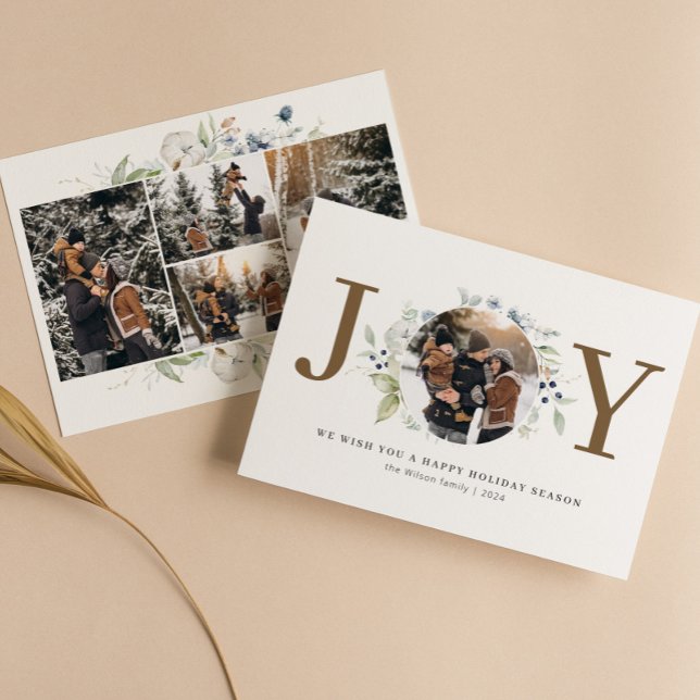 Joy Watercolor Wreath Circle Photo Holiday Card (Creator Uploaded)